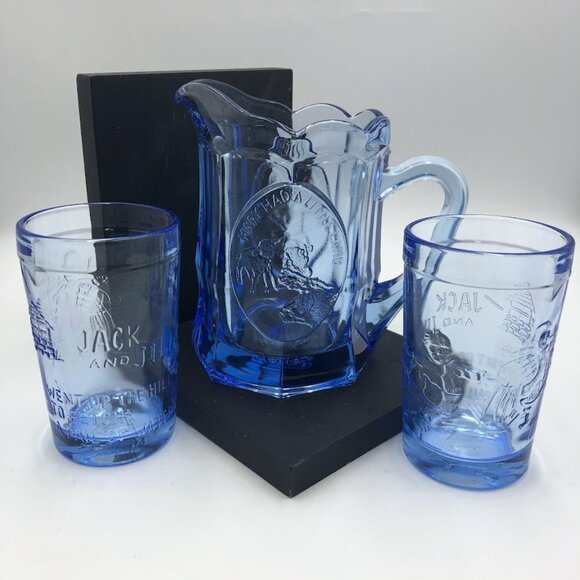 Vintage Tiara Blue Glass Pitcher and 2 Glass Set Jack and Jill Nursery Rhymes - Picture 3 of 16